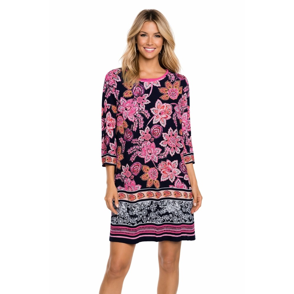 Eliza J Floral Paisley 3/4 Sleeve Shift Dress Navy Pink Vacation Travel 8 M